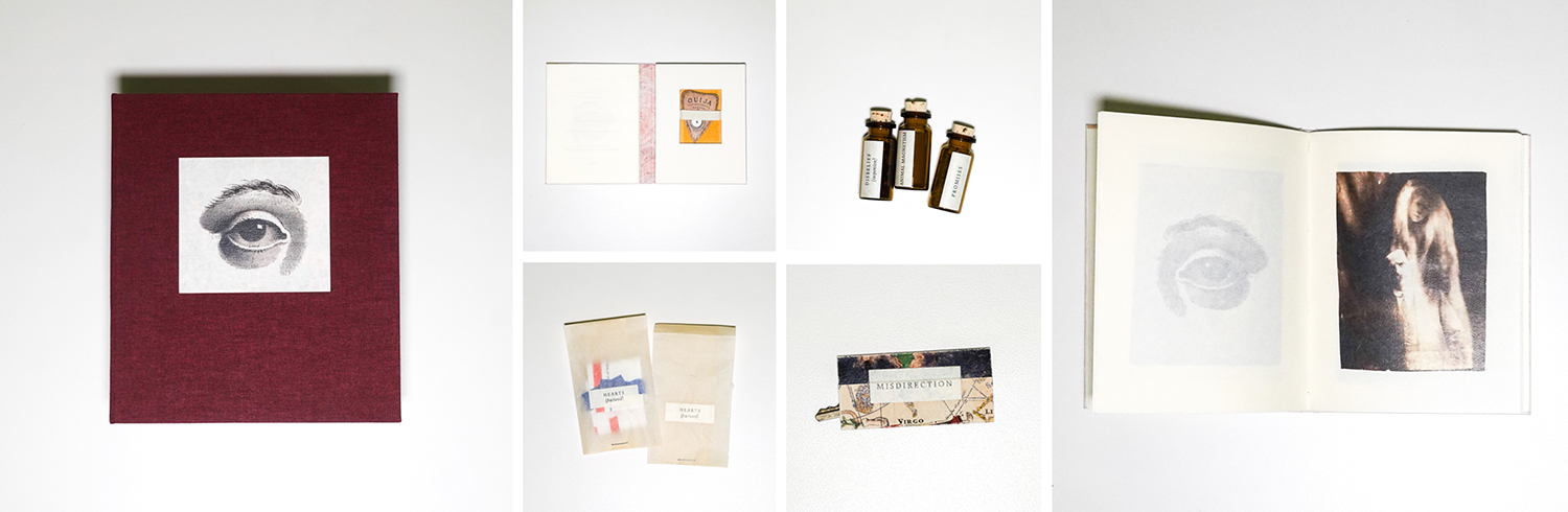 A panel of images shows some of the items included inside the book "Amissa Anima," including images, a key, and small glass bottles